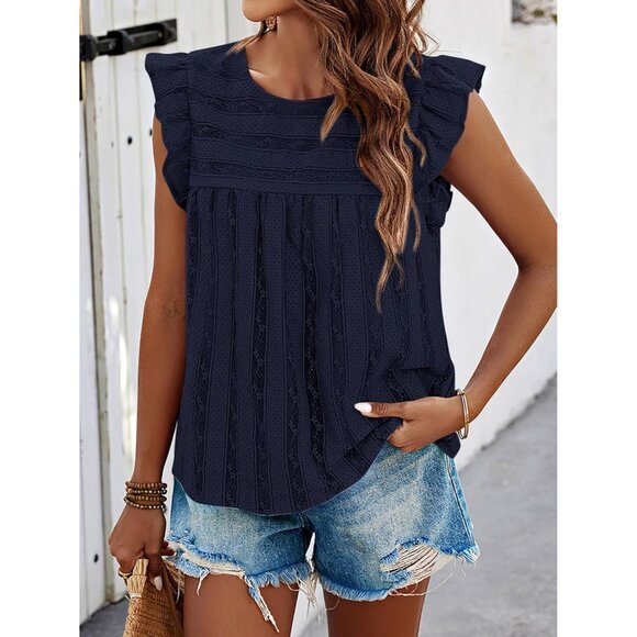 Women's Lace Tank Top Cotton Polyamide Summer Blouse Sleeveless Ruffle - Picture 3 of 7